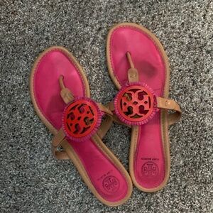 Tory Burch Miller Leather Slip On Thong Flip Flops Sandals Shoes Pink Red Tan